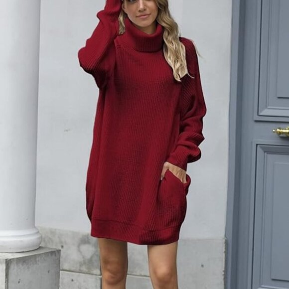 Pink Queen Women's Loose Turtleneck Oversize Long Pullover Sweater Dress - Picture 1 of 10